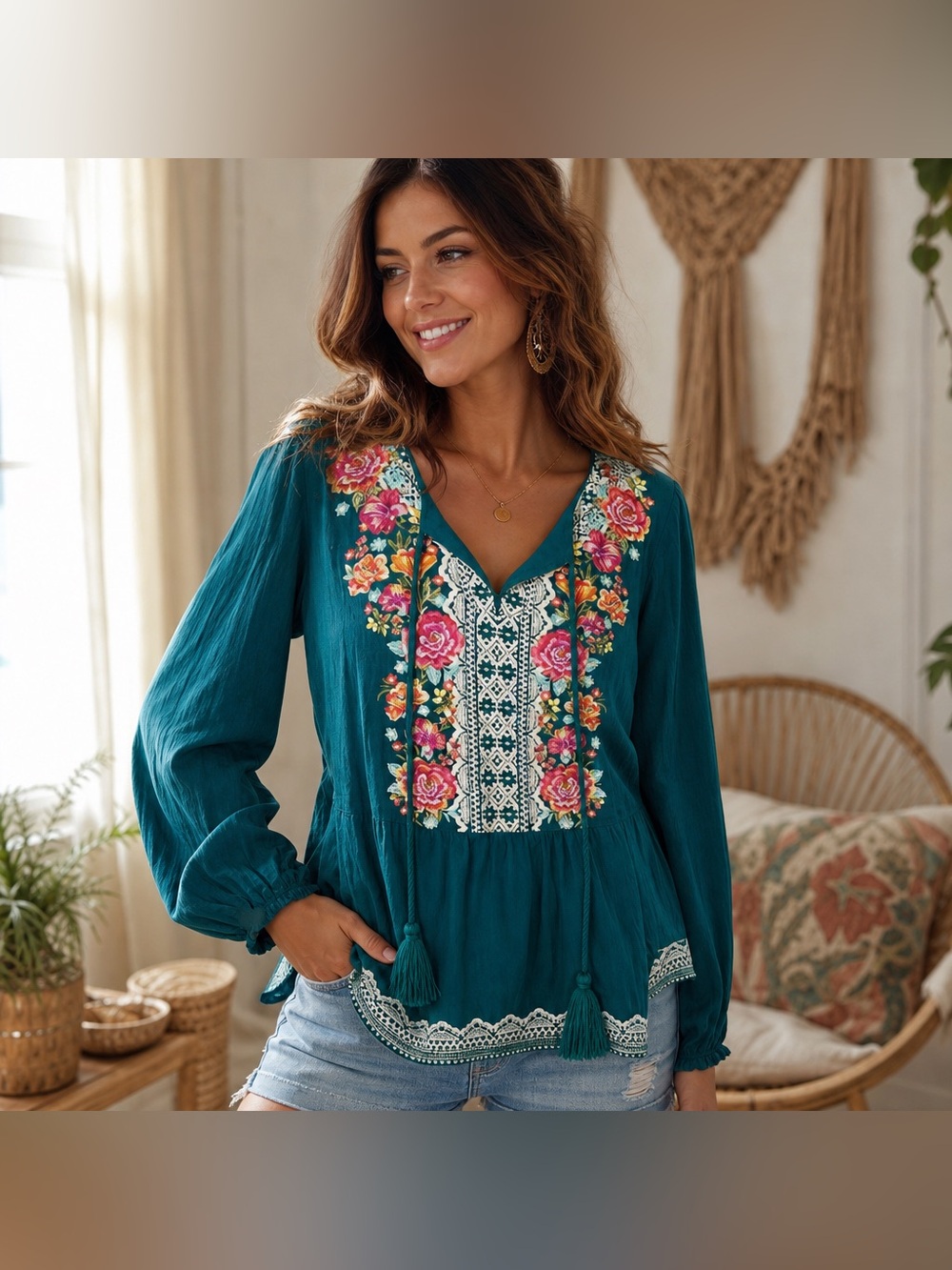 Savanna Jane Blouse Sz L Rayon Embroidered Boho Peasant Cottagecore Floral Teal